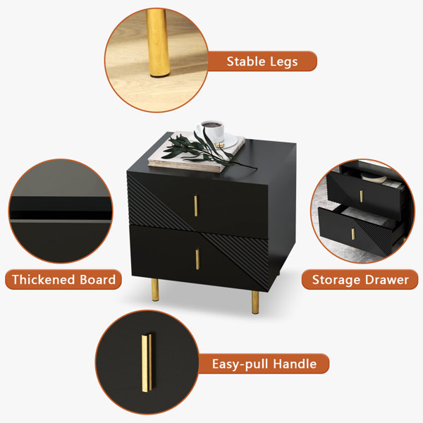 Mercer41 Peless 20 “W Black Night Table With Drawers, 2 Drawer Bedside Cupboard With Drawers End